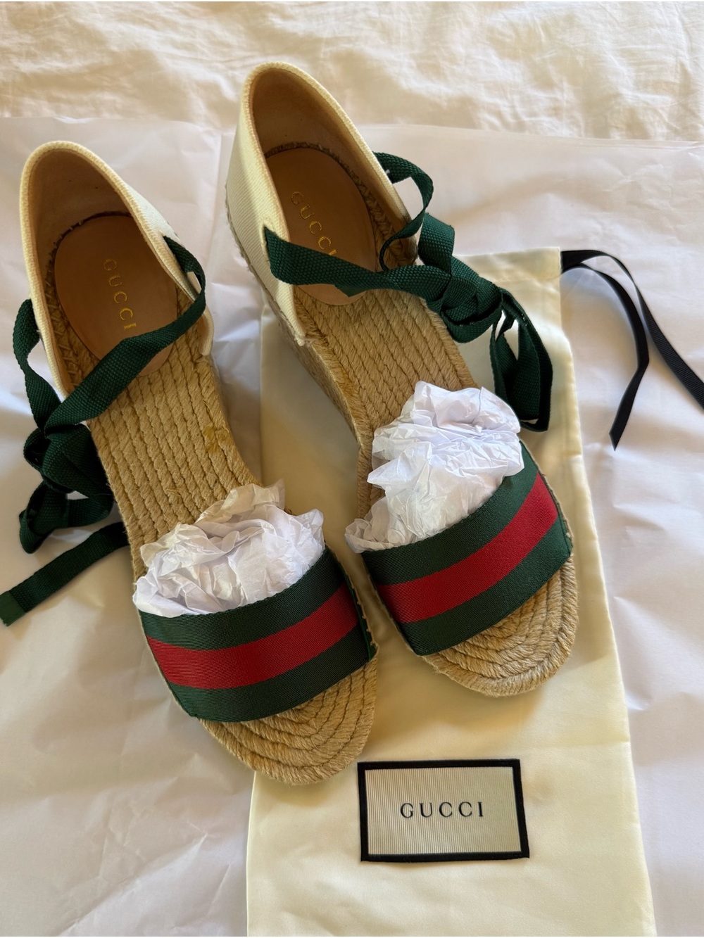 Gucci Web Stripe Espadrille Wedge Sandals Size 40